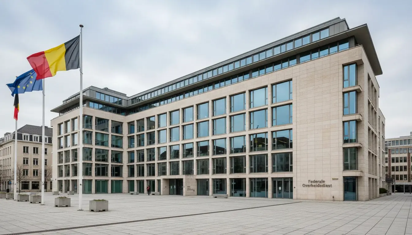 Het gebouw van de Belgische Kansspelcommissie in Brussel, met Belgische en Europese vlaggen voor de gevel