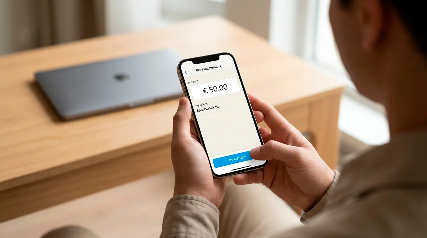Iemand bevestigt een betaling in een Belgische banking-app op smartphone, kassasectie van bookmaker zichtbaar op laptopscherm op de achtergrond