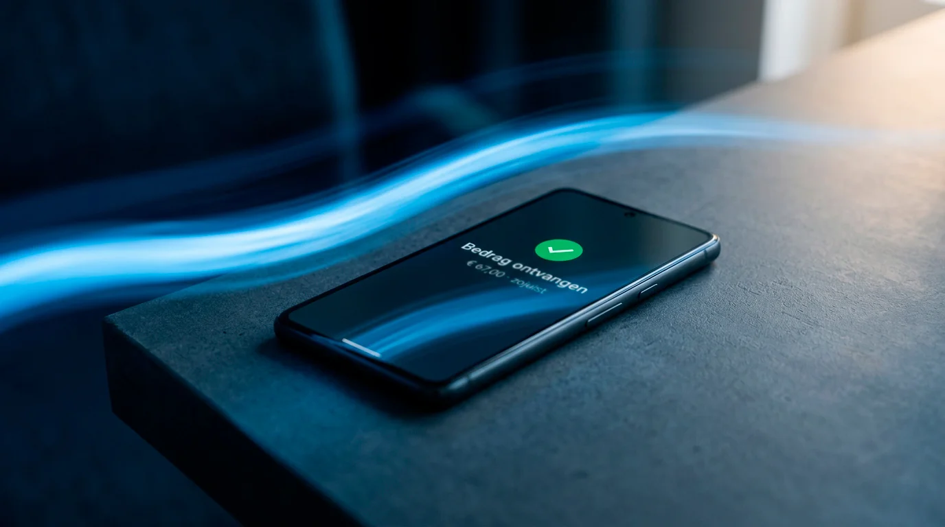 Een persoon controleert een uitbetalingsmelding op smartphone-banking, abstracte snelheidssuggestie via lichtsporen op de achtergrond