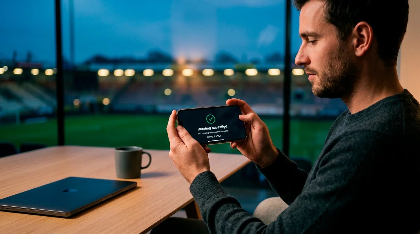 Een Belgische sportwedder gebruikt zijn smartphone bij een mobiele bankieromgeving, met op de achtergrond een gedimde sportstadion-sfeer